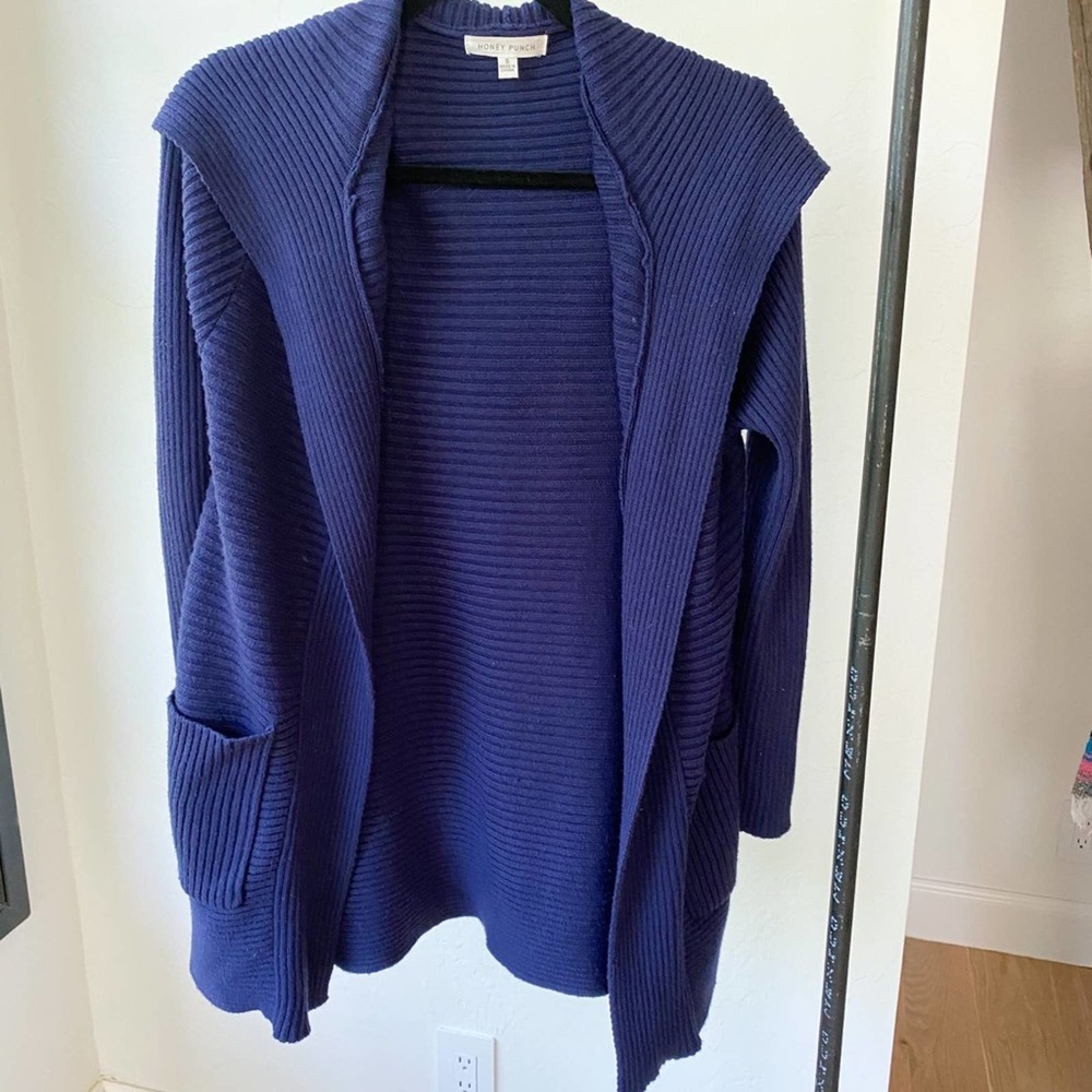 HONEY PUNCH Women's Navy Blue Open Front Ribbed Hooded Cardigan w/ Pockets sz S